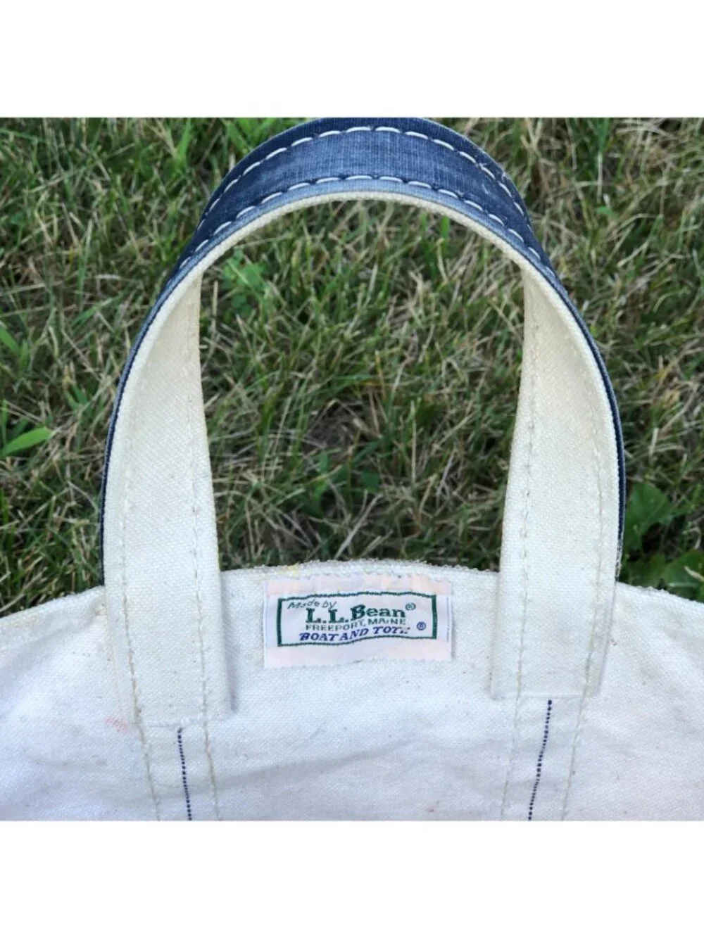 Vintage  80s LL Bean Canvas Boat & Tote Navy Handle Sawtooth Crinkle Tag Large